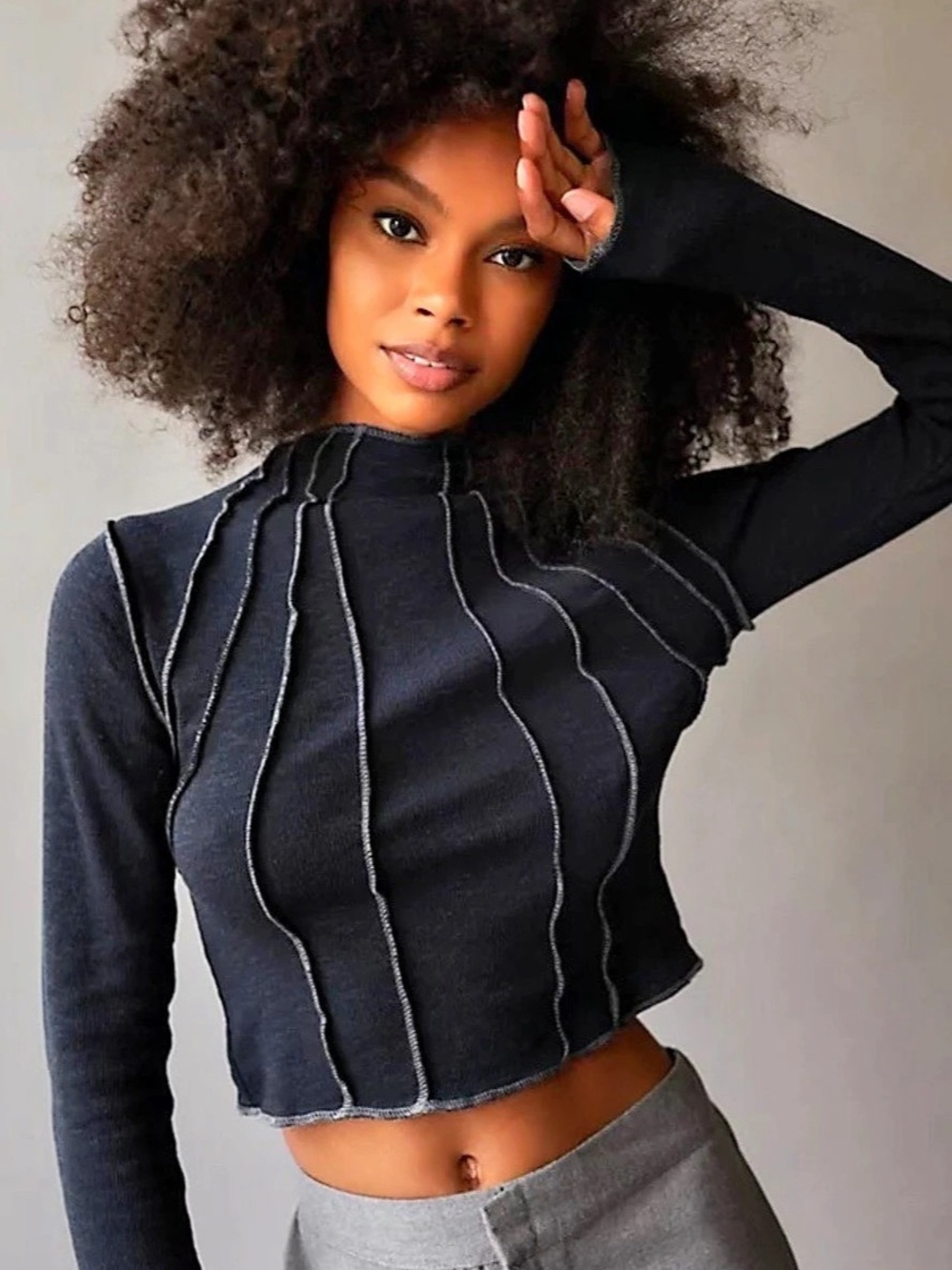 BDG Tyla Turtleneck Top Black Wavy Seam Long Sleeve XS